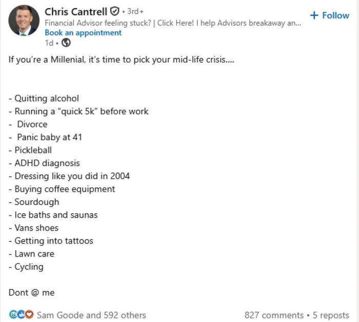 A work-life balance LinkedIn meme listing millennial mid-life crisis options like quitting alcohol or getting tattoos.