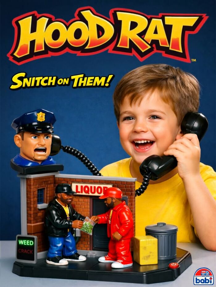 A young boy smiles while holding a phone, next to a Hood Rat figurine set of a police officer and two men with d***s.