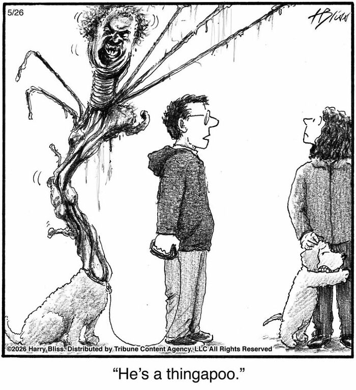Funny dog comics by Harry Bliss: a dog walker holds a leash attached to a monstrous, screaming entity.