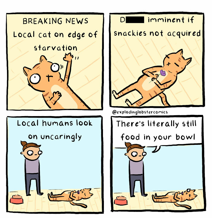 A comic featuring a dramatic cat pretending to starve while its human points out food in its bowl. One of 57 comics.