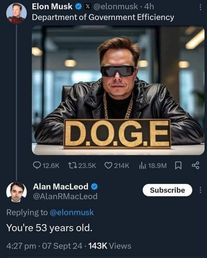 A work-life balance LinkedIn meme of Elon Musk with a D.O.G.E. sign, and a reply stating his age.