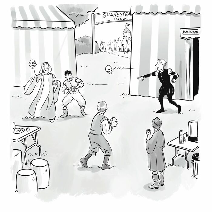Mannequin On The Moon Comics: Shakespearean characters play catch with skulls at a festival, a dry humor comic.
