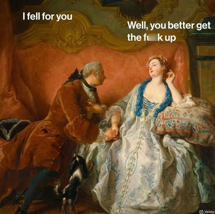 Varkey's funny edit of classical art showing a man proposing and a woman's blunt response, captioned as a modern-day meme.