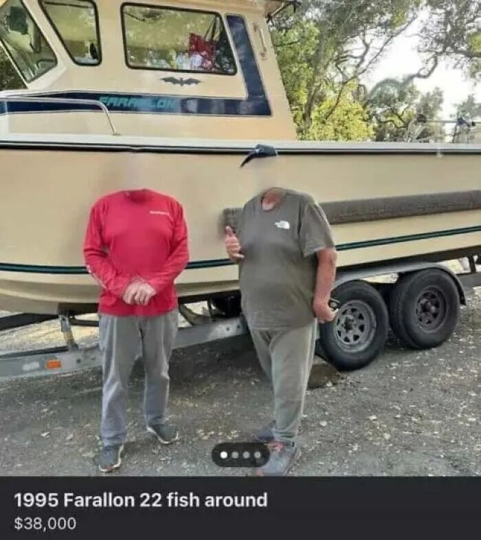 Online marketplace screenshot of a boat for sale with headless people, showcasing the weirdness of online marketplace screenshots.