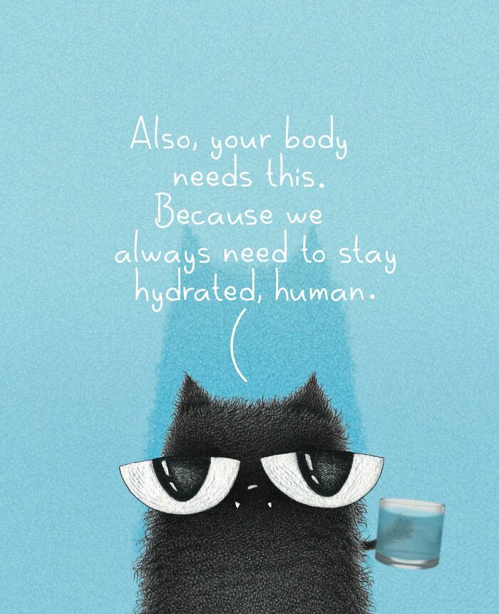 Adorable illustration of a cat on a blue background, saying Hey! I got a thing for you... everyday cat behavior.