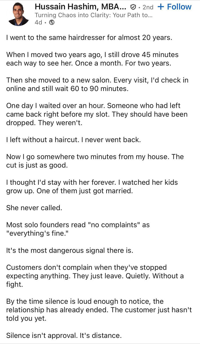 A LinkedIn post discussing customer loyalty, a common work-life balance issue, highlighting the danger of silence as dissatisfaction.