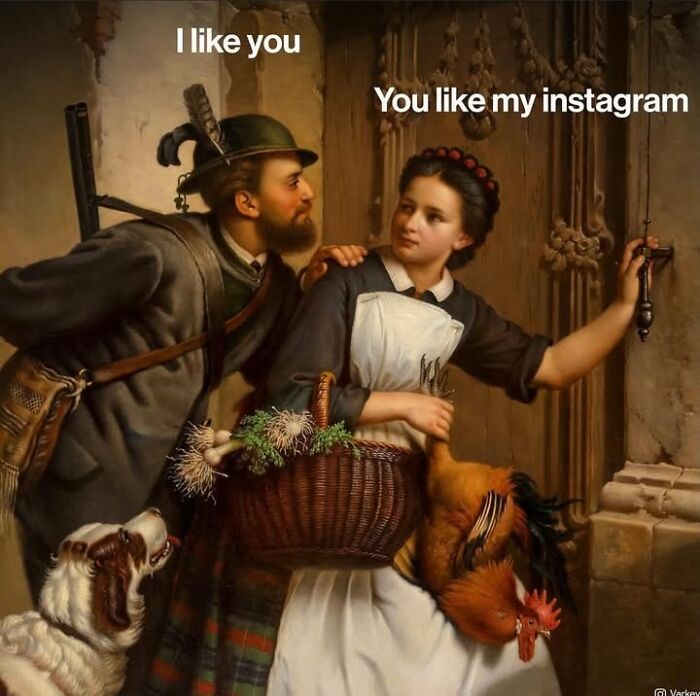 Humorous Varkey edit of classical art, depicting a man and woman with a dog, captioned as a funny modern-day meme about Instagram.