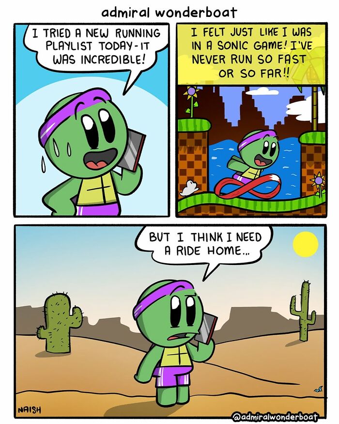 Funny comic about friendship and life, a turtle describing an energetic run like a Sonic game, then needing a ride home.
