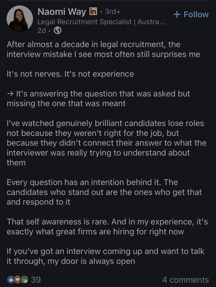 A LinkedIn post sharing work-life balance advice on interview mistakes, emphasizing self-awareness and understanding intent.