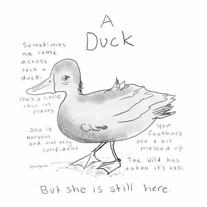 A parenting comic of a scraggly duck with text describing its appearance. Relatable parenting.