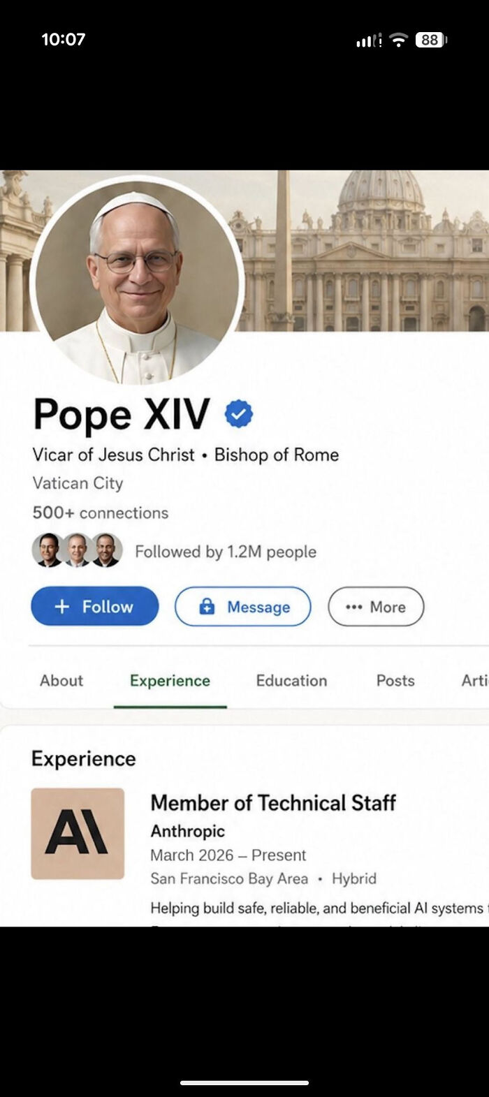 A humorous LinkedIn meme showing Pope XIVs profile with a surprising work-life balance experience as a Technical Staff Member.