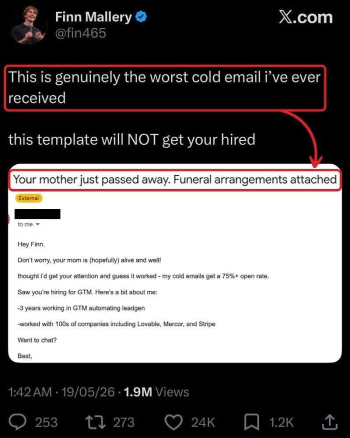 A screenshot of a work-life balance related LinkedIn meme about a terrible cold email with a shocking subject line.