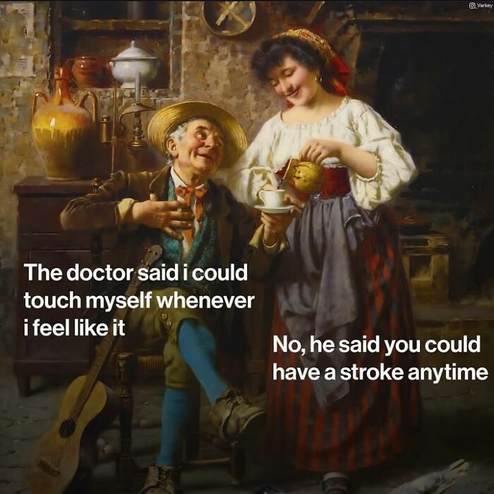 Funny edit of classical art showing a man misunderstanding medical advice, captioned as a modern-day meme by Varkey.
