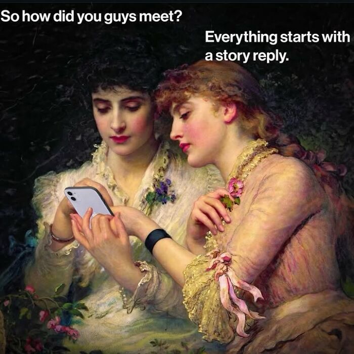 Two women from a classical art painting edited to be looking at a smartphone, captioned as a funny modern-day meme.
