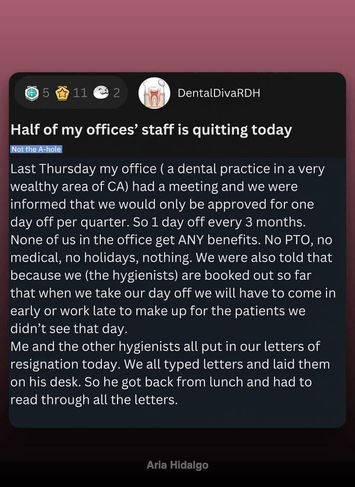 A LinkedIn post describing a dental office staff quitting, a scenario impacting work-life balance due to poor management.