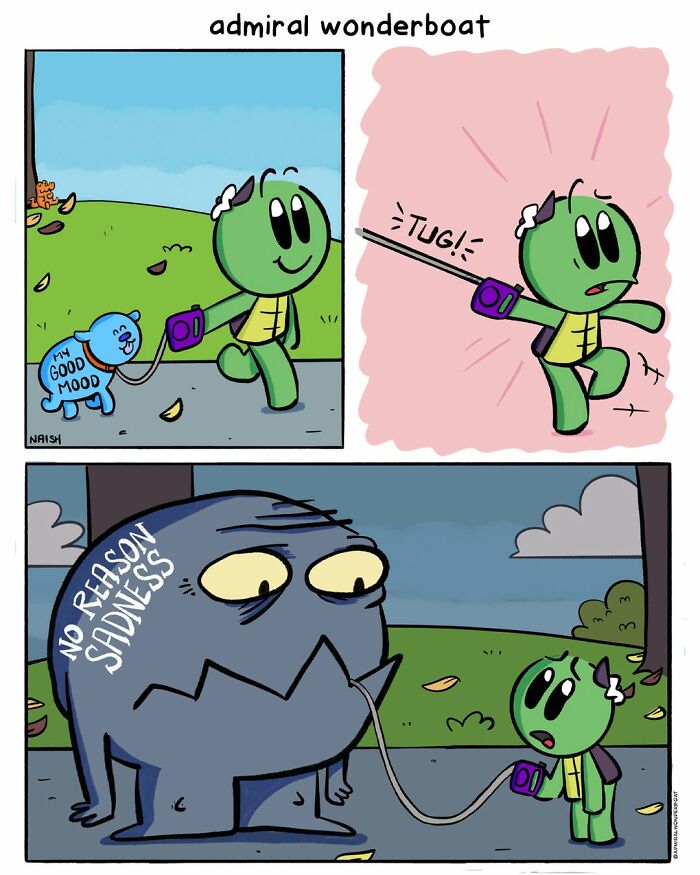 Funny comic about friendship and life, showing a turtle walking his good mood, then unexpectedly walking no reason sadness.
