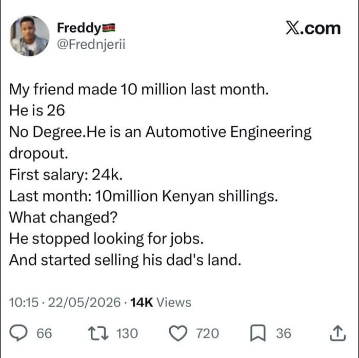A LinkedIn meme from Freddy about someone making 10 million Kenyan shillings after selling his dad's land, illustrating work-life balance.