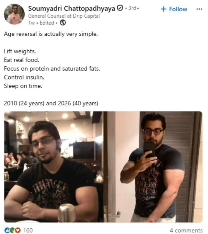 A work-life balance LinkedIn meme with a man's before and after photos illustrating age reversal through fitness.