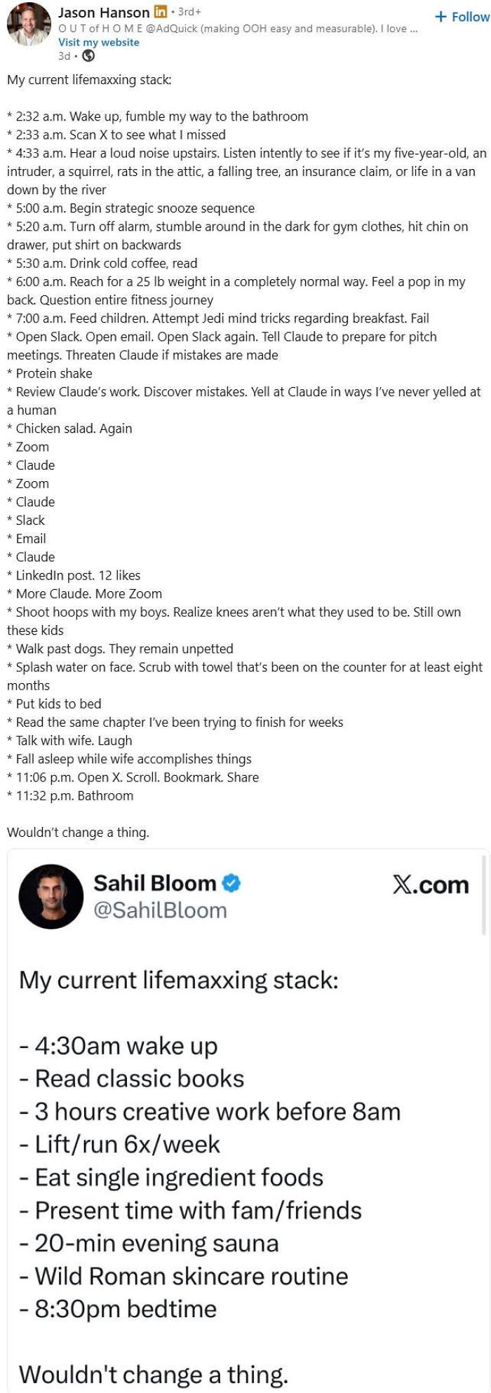 A LinkedIn meme featuring two 'lifemaxxing stacks' by Jason Hanson and Sahil Bloom, comically discussing work-life balance.