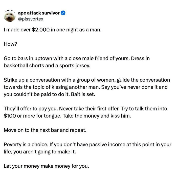 A LinkedIn meme about making money by kissing another man for pay, offering a humorous take on work-life balance.