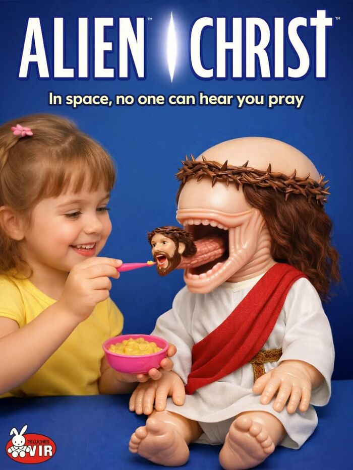 A little girl feeding a small Jesus head to a large, grotesque Alien Christ bizarre figurine with a huge mouth.