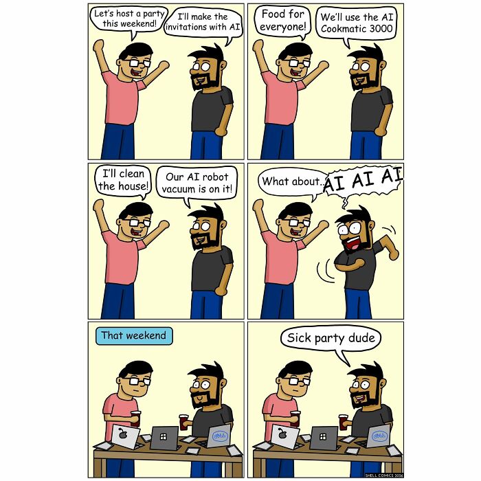 A relatable comic depicting two friends planning a party using AI, then spending the party using computers, showing a dose of humor.
