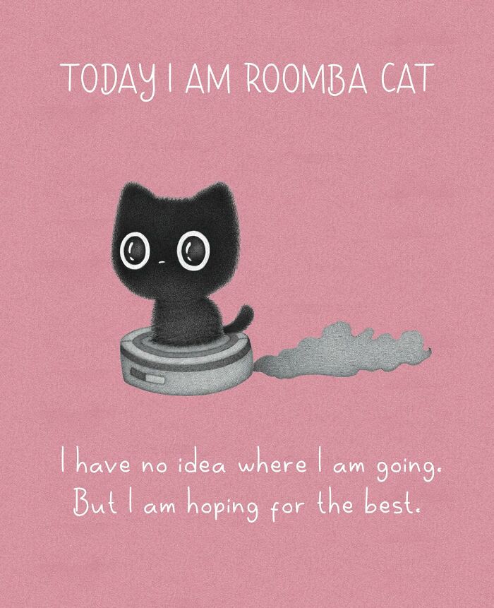 Adorable illustration asking Which cat are you today? with a cat's wide eyes. Artwork depicting cat behavior.