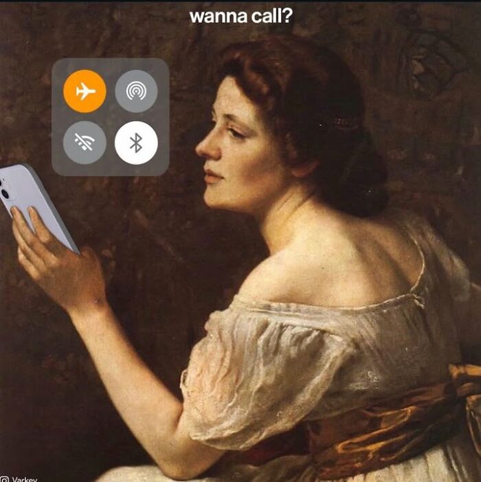 A classical art painting edited to show a woman holding a modern smartphone, captioned as a funny meme.