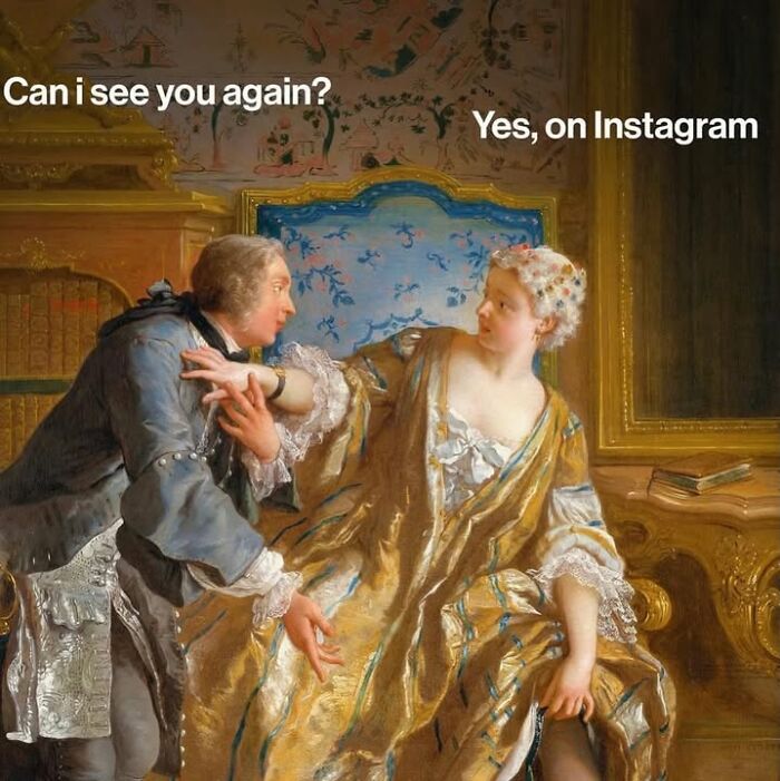 Classical art meme of a man reaching for a woman, captioned Can I see you again? Yes, on Instagram.
