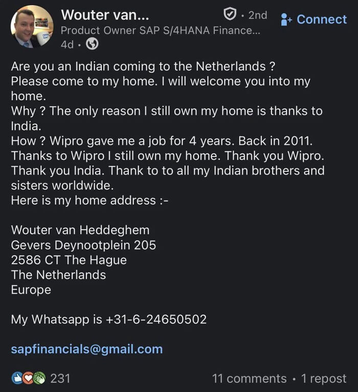 A LinkedIn post where a man invites Indians to his home in the Netherlands, thanking Wipro for his work-life balance.