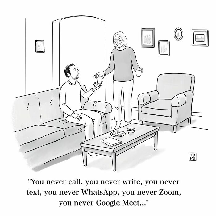 Mannequin on the Moon comic: A woman offers a drink to a man on a couch, lamenting his lack of communication, a dry humor comic.