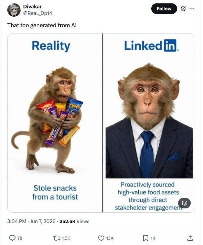 A LinkedIn meme contrasting a monkey stealing snacks from a tourist with a monkey in a suit on LinkedIn about work-life balance.