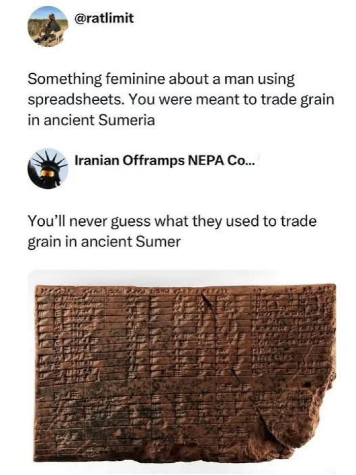 A LinkedIn meme comparing ancient Sumerian grain trading to modern spreadsheets, highlighting work-life balance.