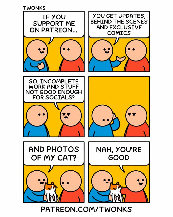 Funny cat comic by cartoonist Steve Nelson: a comic about Patreon perks, including photos of the cartoonist's cat.