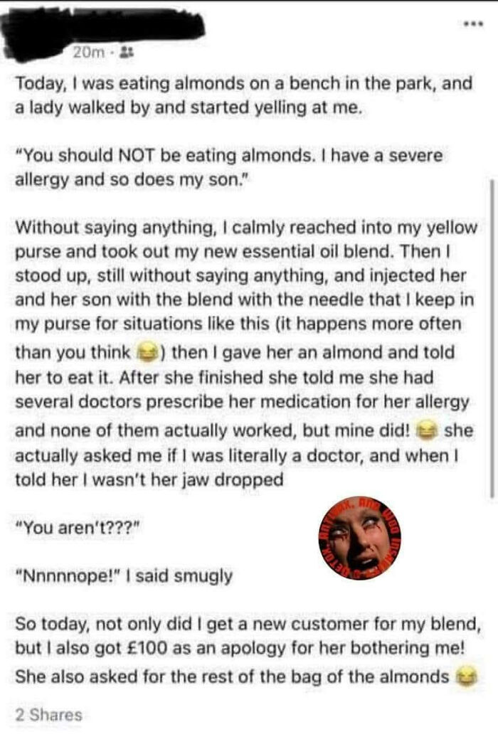 A LinkedIn meme about a person injecting someone with an essential oil blend after being yelled at for eating almonds, showcasing a humorous work-life balance.