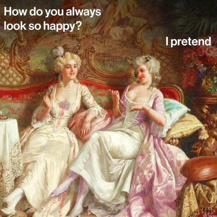 Classical art meme with two elegantly dressed women on a couch, sharing a funny secret to happiness.