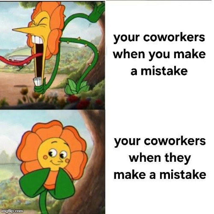 A LinkedIn meme featuring Cuphead characters depicting coworkers reactions to mistakes, showing work-life balance dynamics.
