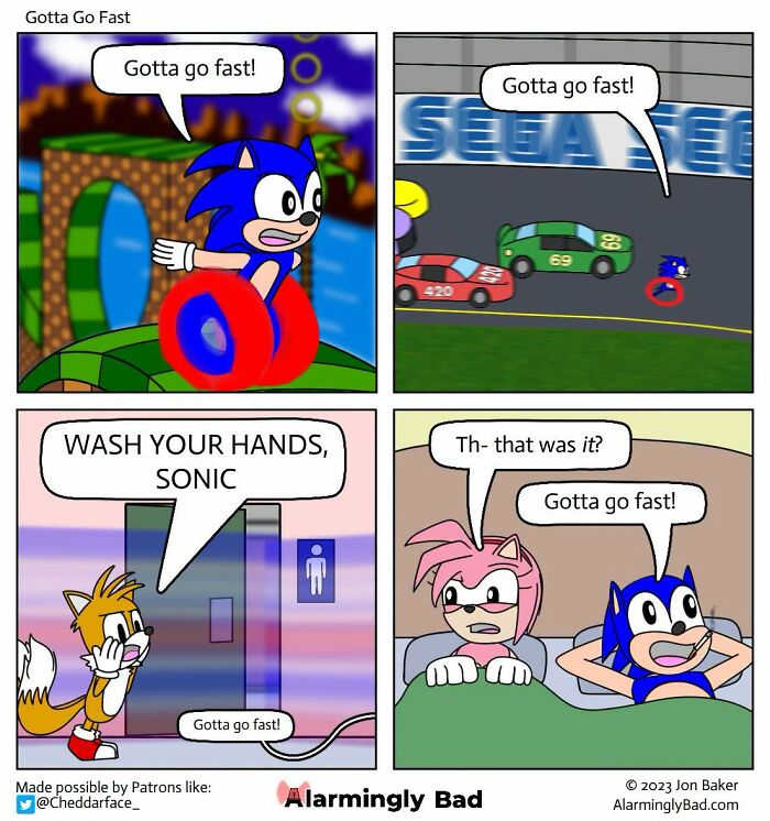 A comic by Jon Baker with humorous and unpredictable twists featuring Sonic the Hedgehog.
