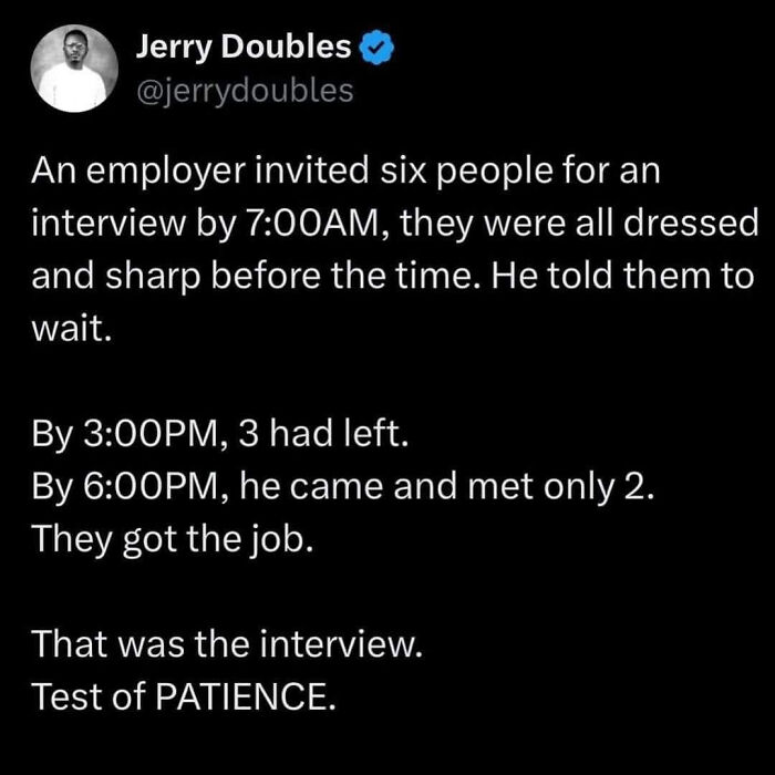 A LinkedIn meme from Jerry Doubles about a job interview testing patience, highlighting work-life balance.