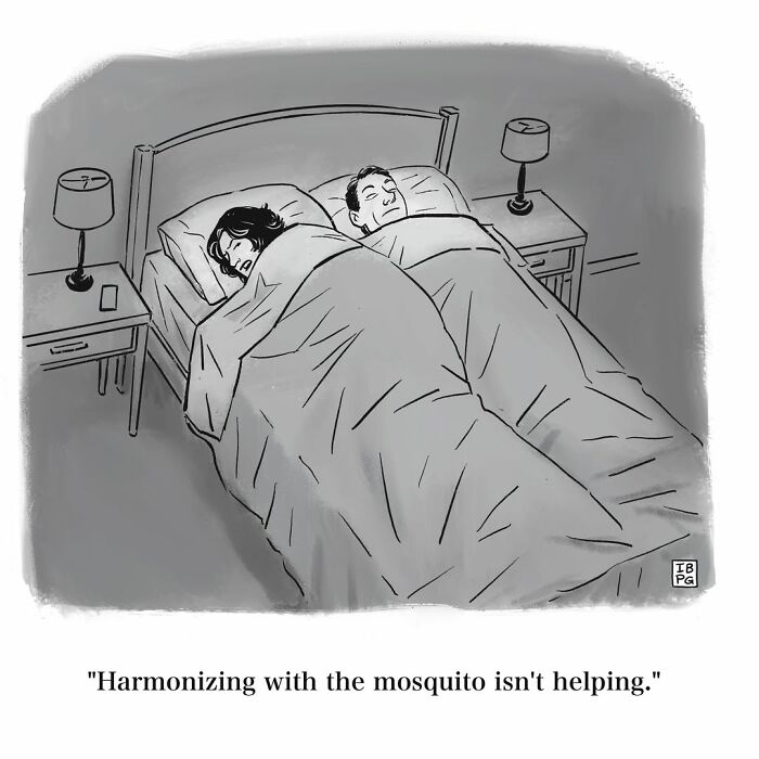 Mannequin on the Moon comic: A couple sleeps in bed, with a man's partner saying 'Harmonizing with the mosquito isn't helping,' in dry humor.