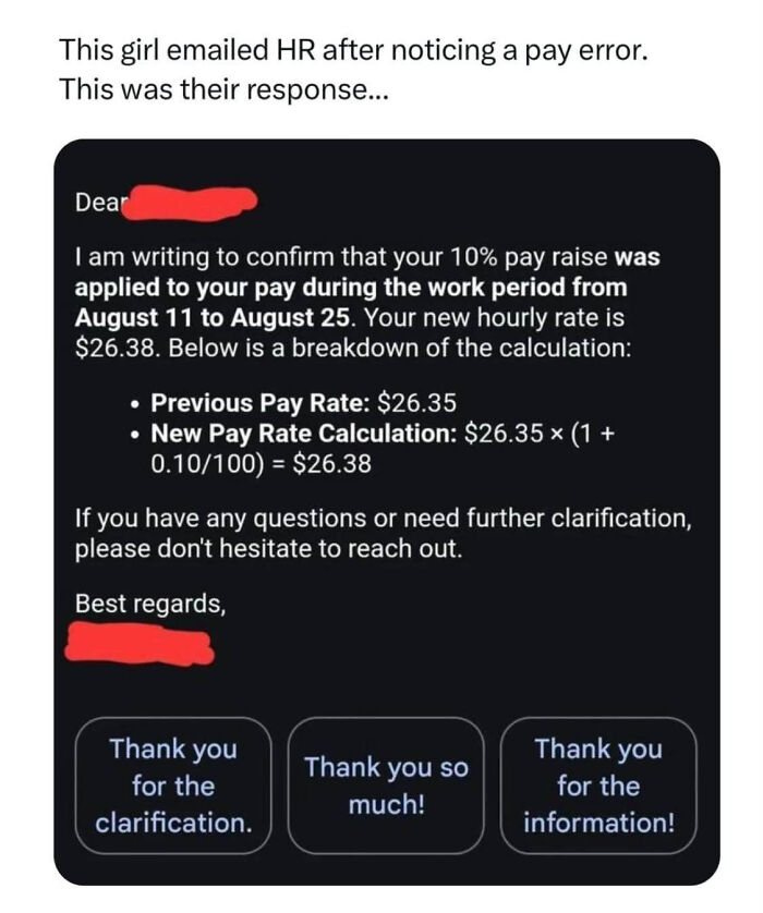 A LinkedIn meme showing an email response regarding a 10% pay raise, highlighting aspects of work-life balance.