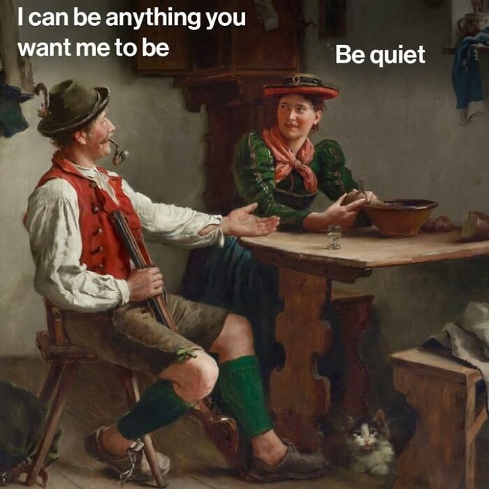 Classical art meme of a man talking to a woman at a table with funny modern day captions.
