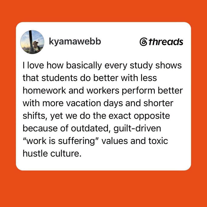 A LinkedIn meme from kyamawebb discussing work-life balance, contrasting studies on less homework and more vacation with hustle culture.