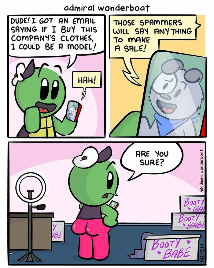 Funny comic about friendship and life, featuring a turtle character receiving a suspicious email about becoming a model.