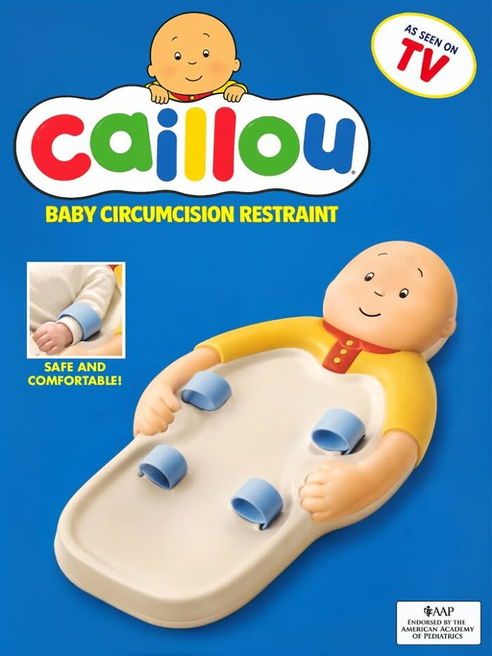 Caillou bizarre figurine: a Baby Circumcision Restraint, a dark comedy collectible endorsed by AAP.