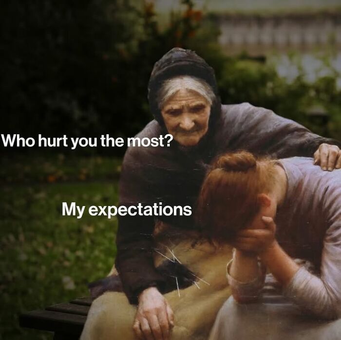 Classical art meme of an older woman comforting a crying younger woman with funny modern day captions.