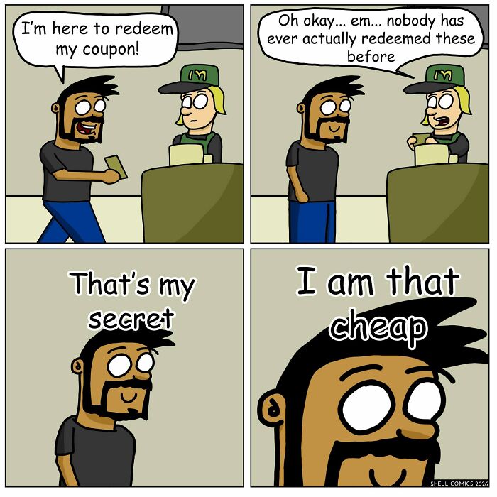 A relatable comic depicting a man proudly redeeming an obscure coupon, demonstrating a dose of humor.