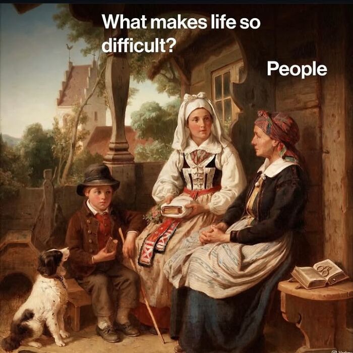 Classical art meme of two women and a boy with a dog discussing what makes life difficult.