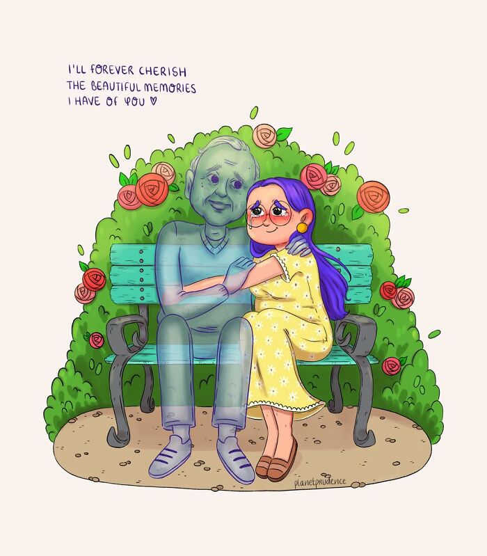 Artist illustrates what being a woman is like; a woman sitting on a bench with a ghostly figure of a man.