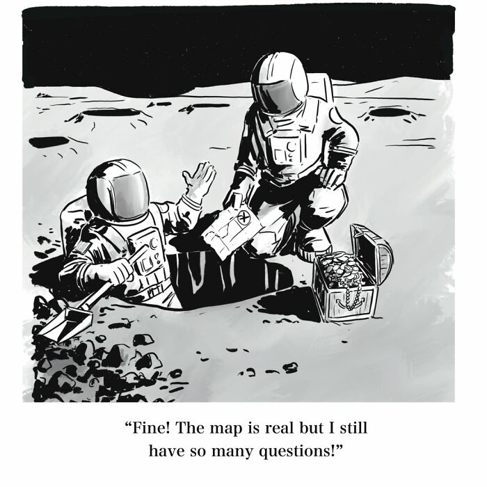 Two astronauts on the moon, one digging a hole and holding a treasure map, the other looking at a chest of coins, in a Mannequin On The Moon comic.